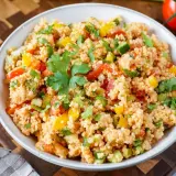 Frischer Couscous-Salat mit Tomaten, Paprika und Kräutern, garniert mit Petersilie. Ein leichter und gesunder Genuss.
