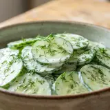 Ein cremiger Gurkensalat mit Schmand und frischem Dill, serviert in einer rustikalen Schale auf einem Holztisch.