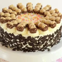 Eine Sahnetorte mit Schokostückchen und süßen Figuren obendrauf. Perfekt für geile Torten Rezepte!