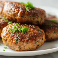 Saftige Buletten im Airfryer, goldbraun und mit frischer Petersilie garniert, warten auf ihren Genuss.