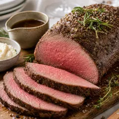 Perfekt gegrilltes Roastbeef im Ofen, saftig rosa geschnitten, mit Kräutern und Beilagen.