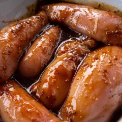 Hähnchenbrustfilets in einer dunklen Teriyaki-Marinade, bereit für das Hähnchen Teriyaki Rezept.