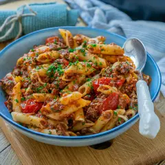 Herzhafte Penne mit Hackfleischsauce und Kirschtomaten, ein ideales Gericht für schnelle Hackfleisch Rezepte.