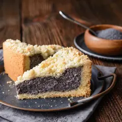 Zwei Stücke Mohnkuchen mit Puddingfüllung und Streuseln auf einem Teller, daneben eine Schale Mohnsamen.