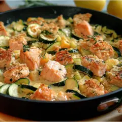Herzhafte zucchini lachs pfanne mit knuspriger Kruste und cremiger Sauce, garniert mit frischen Kräutern.