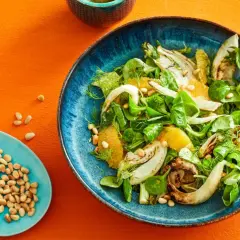 Erfrischender Fenchel-Orangen-Salat mit Pinienkernen, garniert mit Dill.