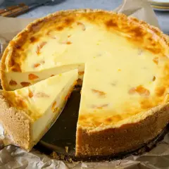 Ein saftiger Mandarinen Schmand Kuchen mit einem knusprigen Boden und einer cremigen Füllung, verziert mit saftigen Mandarinenstücken.