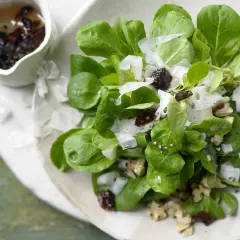 Frischer Feldsalat mit Walnüssen, Parmesan und getrockneten Cranberries. Perfekt für feldsalat rezepte einfach und schnell.
