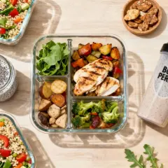 Gesunde Meal Prep Rezepte zum Abnehmen: Hähnchen, Gemüse, Quinoa und Chia-Pudding für eine ausgewogene Ernährung.