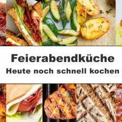 Collage mit Pizza, Sandwich, Zucchini, Kartoffeln, Pasta und Brot. Perfekt für schnelle einfache gerichte nach der Arbeit.