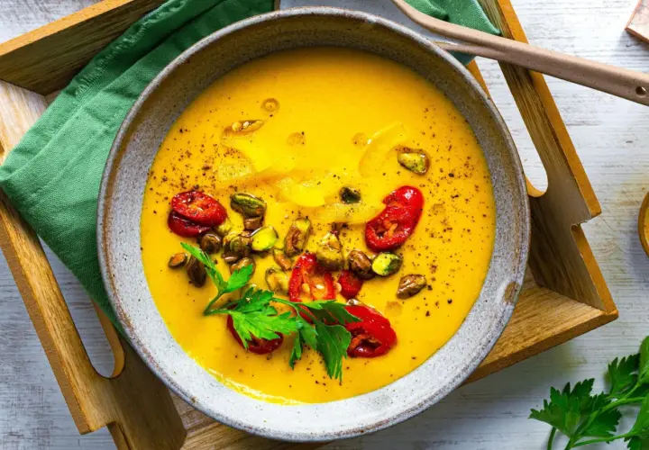 Leckere, gelbe Suppe mit Pistazien und Tomaten, ideal als eine der gesunden Suppen zum Abnehmen.