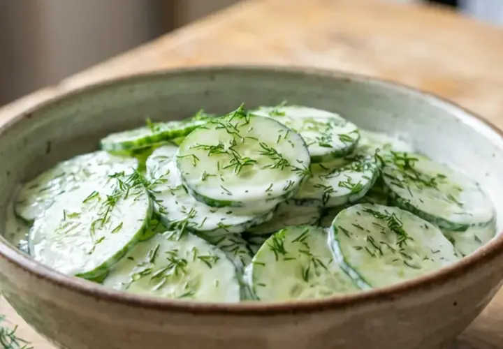Ein cremiger Gurkensalat mit Schmand und frischem Dill, serviert in einer rustikalen Schale auf einem Holztisch.