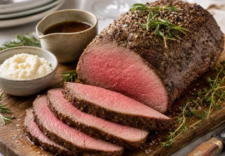 Perfekt gegrilltes Roastbeef im Ofen, saftig rosa geschnitten, mit Kräutern und Beilagen.