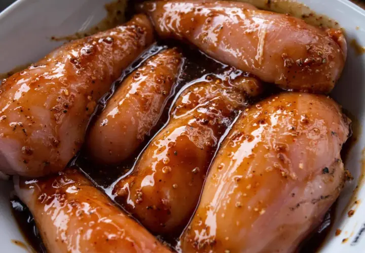 Hähnchenbrustfilets in einer dunklen Teriyaki-Marinade, bereit für das Hähnchen Teriyaki Rezept.
