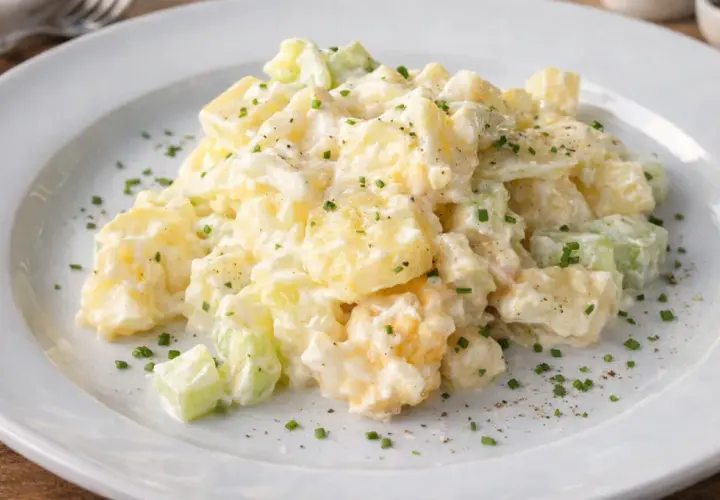 Cremiger Kartoffelsalat mit Sellerie und Schnittlauch, serviert auf einem weißen Teller. Ein köstlicher Klassiker, der an 7 Tassen Salat erinnert.