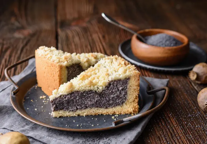 Zwei Stücke Mohnkuchen mit Puddingfüllung und Streuseln auf einem Teller, daneben eine Schale Mohnsamen.