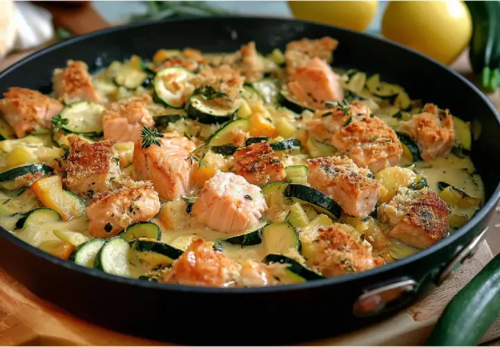 Herzhafte zucchini lachs pfanne mit knuspriger Kruste und cremiger Sauce, garniert mit frischen Kräutern.