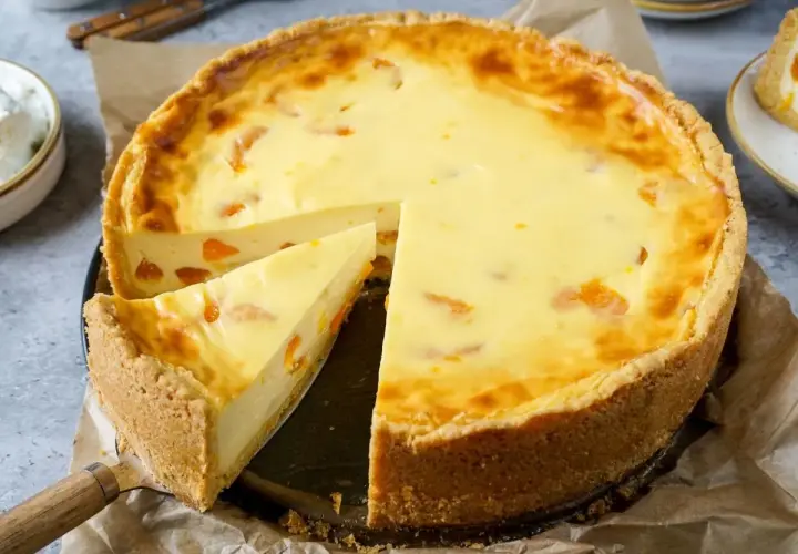Ein saftiger Mandarinen Schmand Kuchen mit einem knusprigen Boden und einer cremigen Füllung, verziert mit saftigen Mandarinenstücken.