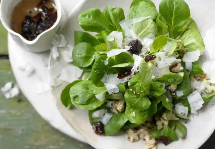 Frischer Feldsalat mit Walnüssen, Parmesan und getrockneten Cranberries. Perfekt für feldsalat rezepte einfach und schnell.