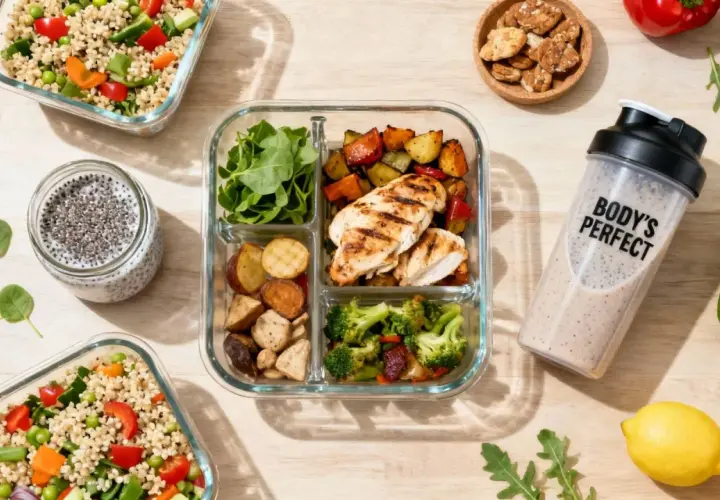 Gesunde Meal Prep Rezepte zum Abnehmen: Hähnchen, Gemüse, Quinoa und Chia-Pudding für eine ausgewogene Ernährung.