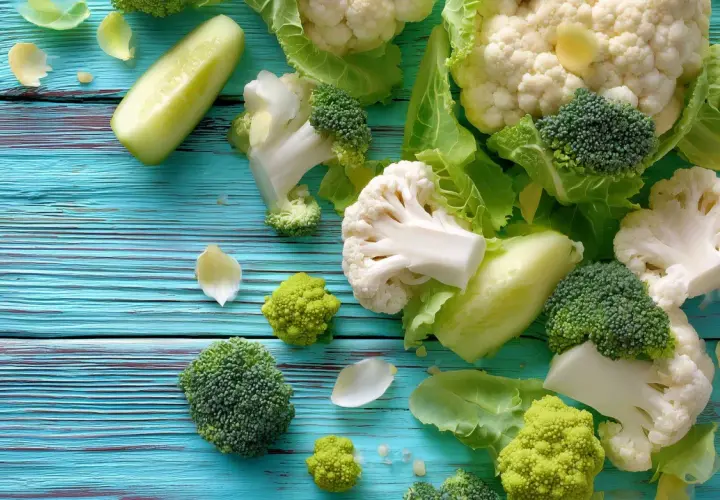 Frischer Brokkoli, Blumenkohl und Gurke auf blauem Holz – perfekt für eine low carb vegane Ernährung.