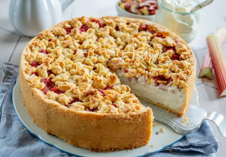 Saftiger Rhabarber Schmand Kuchen mit knuspriger Streuselhaube und cremigem Kern. Ein Genuss für jeden Anlass!