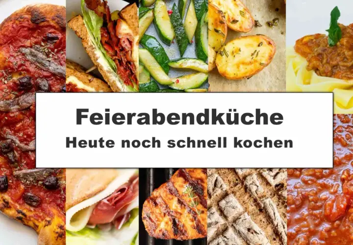 Collage mit Pizza, Sandwich, Zucchini, Kartoffeln, Pasta und Brot. Perfekt für schnelle einfache gerichte nach der Arbeit.