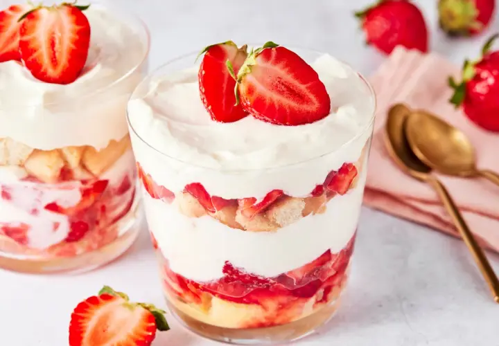 Erdbeer Tiramisu im Glas: Schichten aus Löffelbiskuits, frischen Erdbeeren und cremiger Mascarpone, garniert mit Erdbeerscheiben.