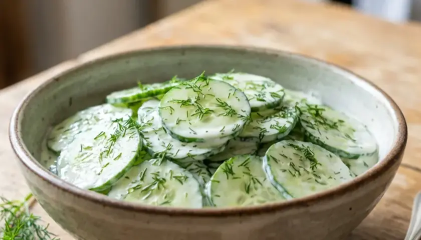 Ein cremiger Gurkensalat mit Schmand und frischem Dill, serviert in einer rustikalen Schale auf einem Holztisch.