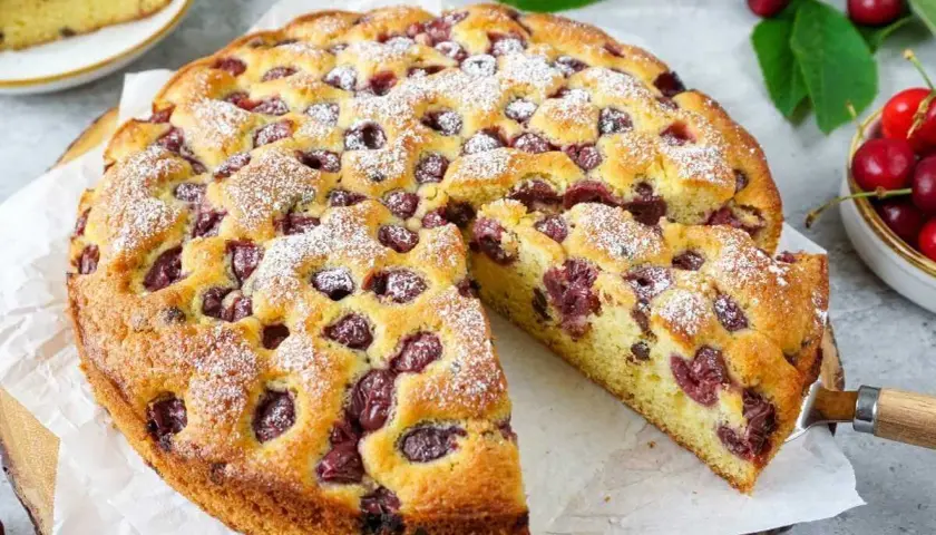 Saftiger kuchen mit kirschen, bestäubt mit Puderzucker. Ein Stück wurde bereits herausgeschnitten.