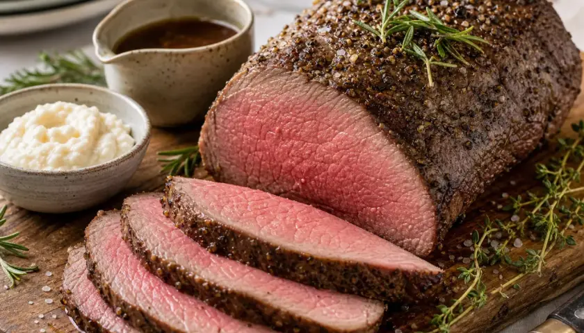Perfekt gegrilltes Roastbeef im Ofen, saftig rosa geschnitten, mit Kräutern und Beilagen.