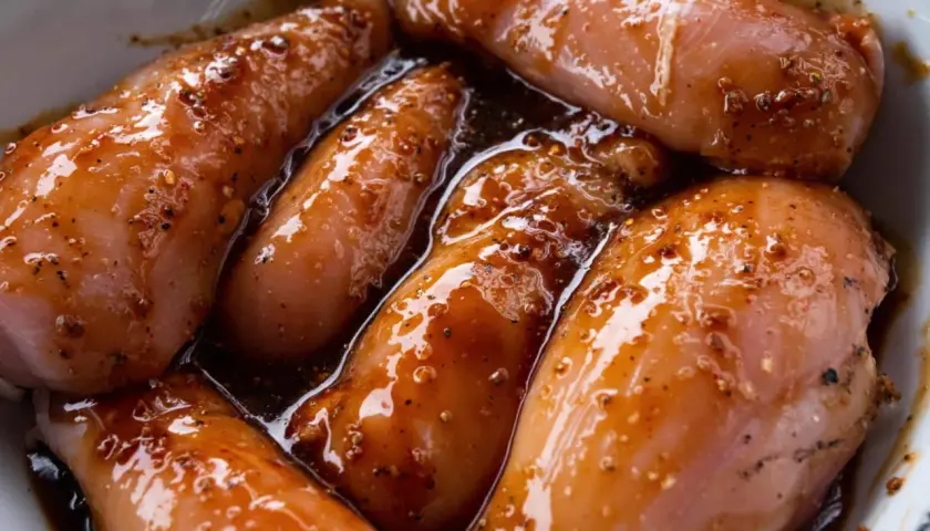 Hähnchenbrustfilets in einer dunklen Teriyaki-Marinade, bereit für das Hähnchen Teriyaki Rezept.
