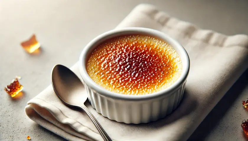 Creme brulee mit karamellisierter Zuckerkruste, daneben ein Löffel und zerbrochener Karamell.