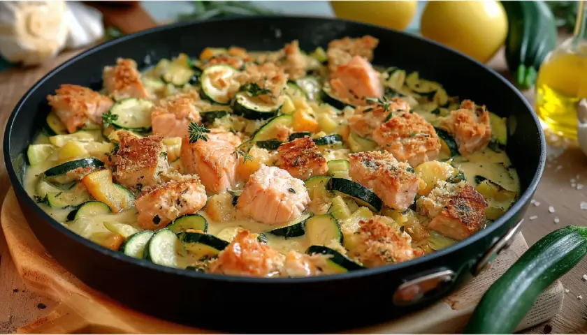 Herzhafte zucchini lachs pfanne mit knuspriger Kruste und cremiger Sauce, garniert mit frischen Kräutern.