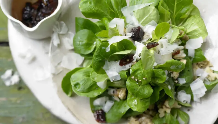 Frischer Feldsalat mit Walnüssen, Parmesan und getrockneten Cranberries. Perfekt für feldsalat rezepte einfach und schnell.