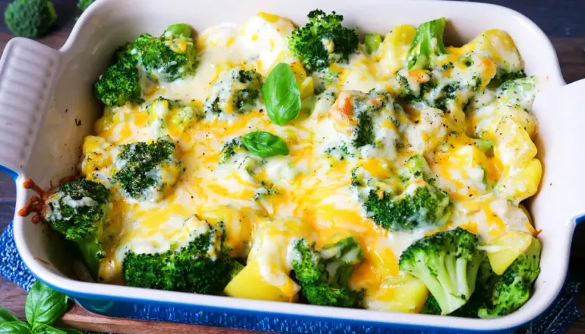 Herzhaftes Kartoffel Brokkoli Gratin, überbacken mit geschmolzenem Käse und garniert mit frischem Basilikum.