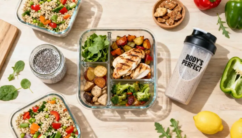 Gesunde Meal Prep Rezepte zum Abnehmen: Hähnchen, Gemüse, Quinoa und Chia-Pudding für eine ausgewogene Ernährung.