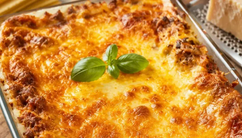 Goldbraun überbackene Lasagne mit frischem Basilikum. Ein köstliches lasagne rezept, das jeden Gaumen erfreut.