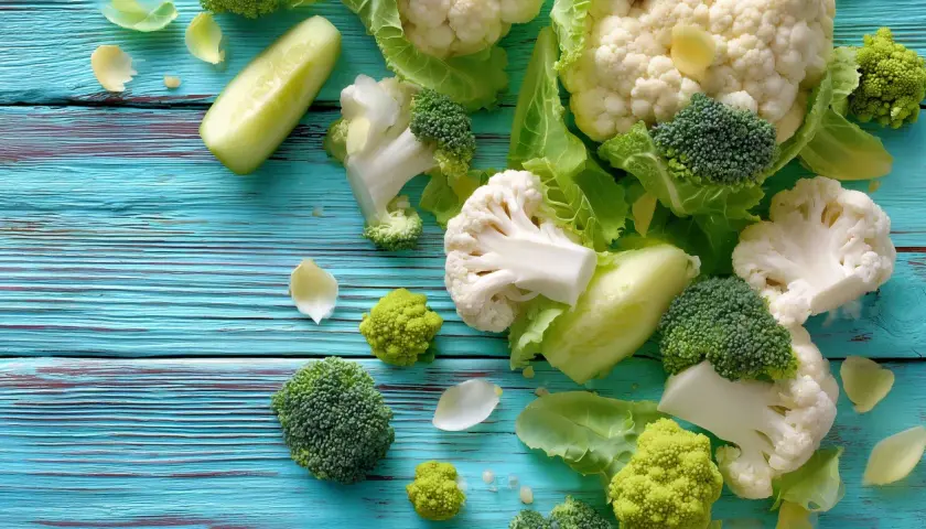 Frischer Brokkoli, Blumenkohl und Gurke auf blauem Holz – perfekt für eine low carb vegane Ernährung.