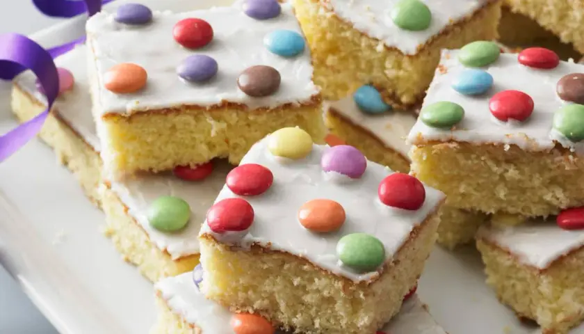 Bunte Smarties zieren den saftigen Fantakuchen mit Schmand. Ein Fest für Augen und Gaumen!