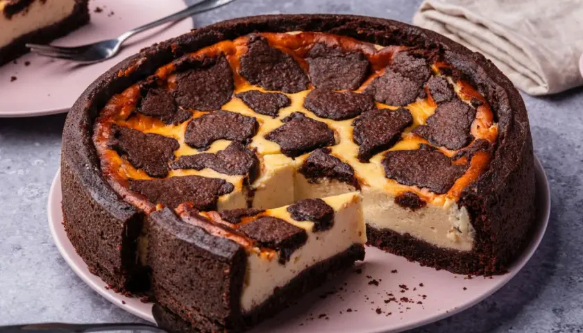 Ein saftiger russischer Zupfkuchen mit dunklem Schokoladenboden und cremiger Füllung, belegt mit zupfartigen Schokoladenstücken.