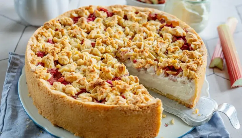 Saftiger Rhabarber Schmand Kuchen mit knuspriger Streuselhaube und cremigem Kern. Ein Genuss für jeden Anlass!