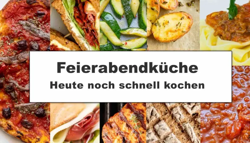 Collage mit Pizza, Sandwich, Zucchini, Kartoffeln, Pasta und Brot. Perfekt für schnelle einfache gerichte nach der Arbeit.
