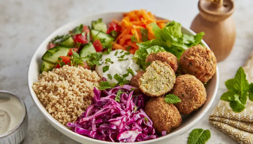Schüssel mit Falafel, Couscous, Tomaten, Gurken, Rotkohl und Joghurt. Perfekt für gesunde Essen Rezepte.