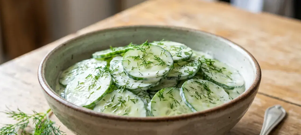 Ein cremiger Gurkensalat mit Schmand und frischem Dill, serviert in einer rustikalen Schale auf einem Holztisch.