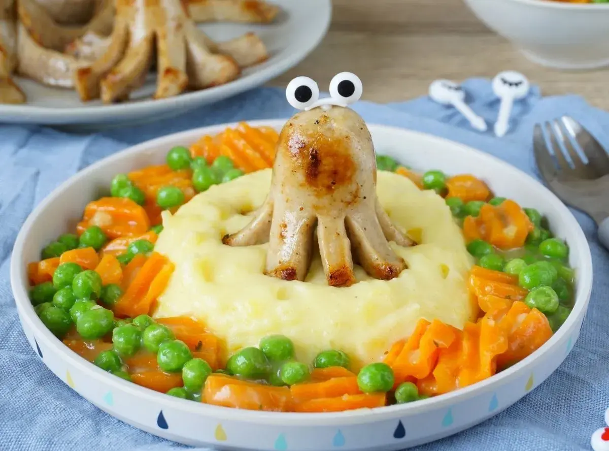 Ein lustiges Oktopus-Würstchen auf Kartoffelbrei mit Erbsen und Karotten. Ein gesundes Mittagessen für Kinder, das Spaß macht!