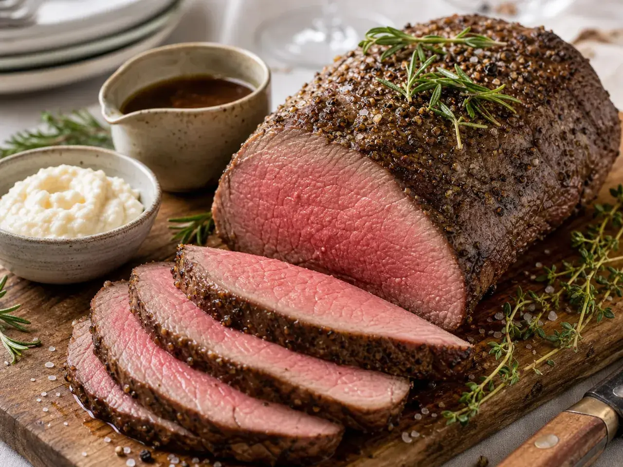 Perfekt gegrilltes Roastbeef im Ofen, saftig rosa geschnitten, mit Kräutern und Beilagen.