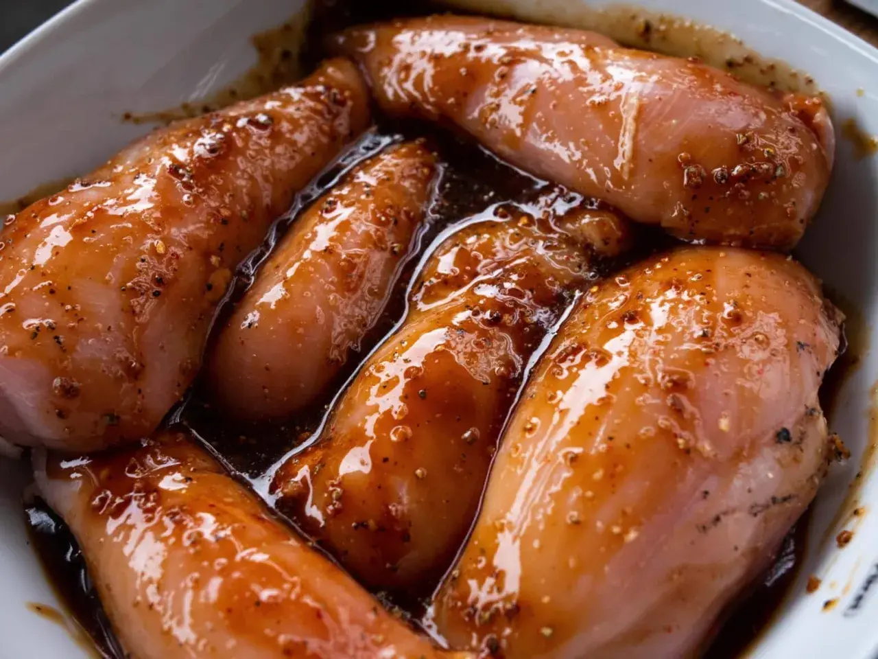 Hähnchenbrustfilets in einer dunklen Teriyaki-Marinade, bereit für das Hähnchen Teriyaki Rezept.