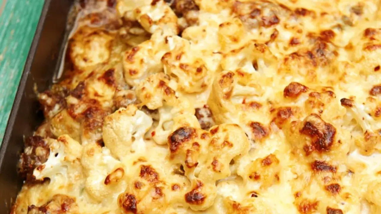 Herzhaftes Blumenkohl mit Hackfleisch Auflauf, goldbraun überbacken mit Käse.