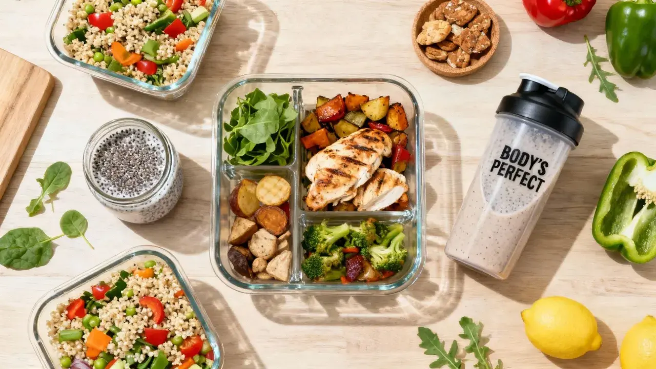 Gesunde Meal Prep Rezepte zum Abnehmen: Hähnchen, Gemüse, Quinoa und Chia-Pudding für eine ausgewogene Ernährung.
